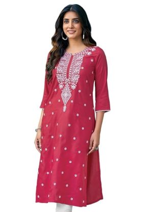 Cotton Blend Lucknowi Chikankari Embroidery Kurti Front Side