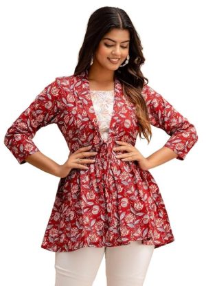 Cotton Floral Printed Short Kurti Tunic Top Front Side