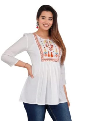 Embroidered Rayon Short Kurta Front Side