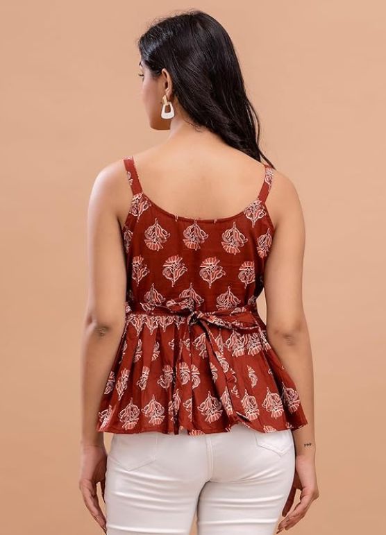 Girl's Cotton Printed Sleeveless Strap Peplum Stylish Top (1)