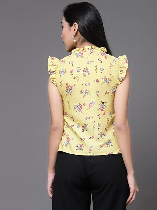 Girl's Crepe Printed Relaxed Fit Top With Tie Neck And Ruffle Sleeve Backside