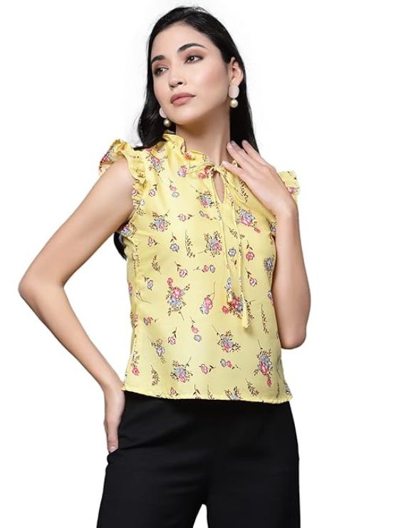Girl's Crepe Printed Relaxed Fit Top With Tie Neck And Ruffle Sleeve Frontside