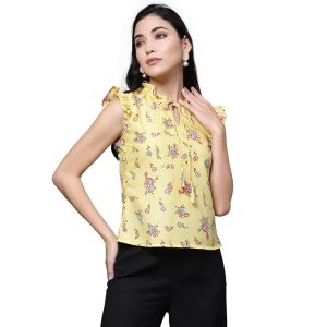 Girl's Crepe Printed Relaxed Fit Top With Tie Neck And Ruffle Sleeve Frontside
