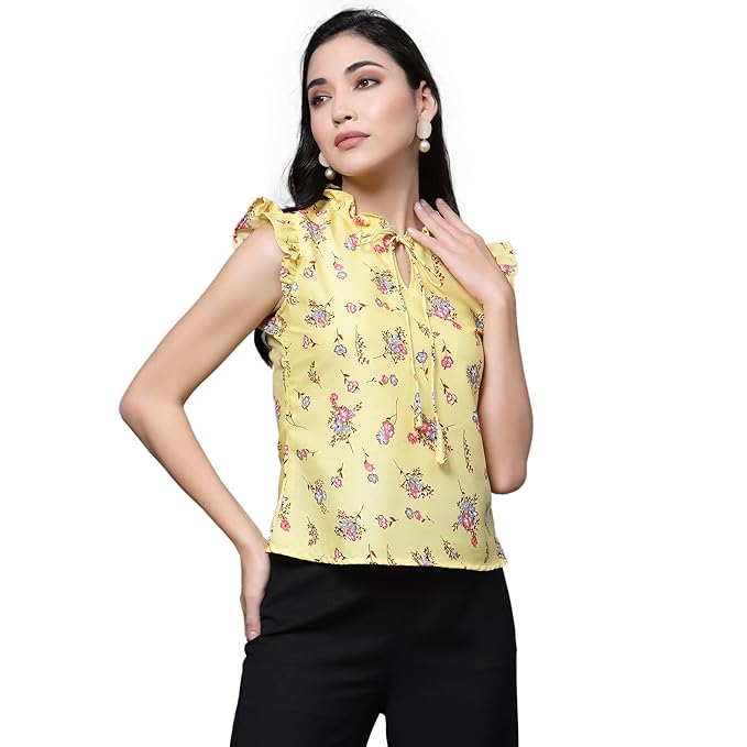 Girl's Crepe Printed Relaxed Fit Top With Tie Neck And Ruffle Sleeve Frontside