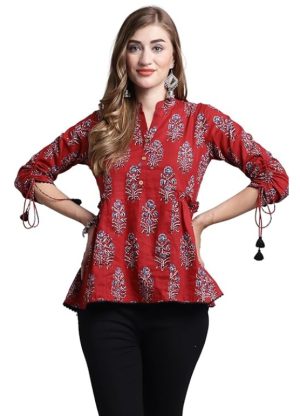 Girl's Maroon Pure cotton Jaipuri Printed Western Short Top