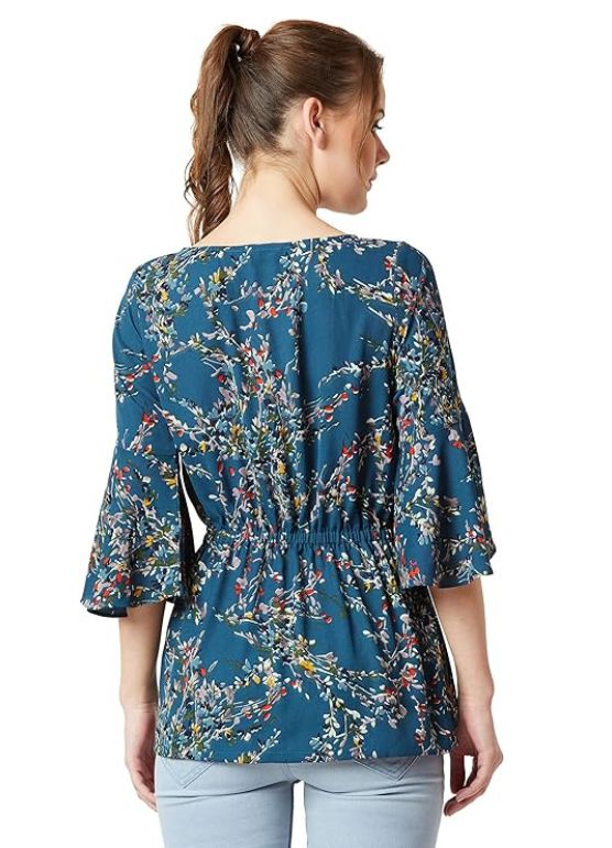 Girls's Turquoise Floral Boat Neck 34 Ruffled Sleeve Long Top