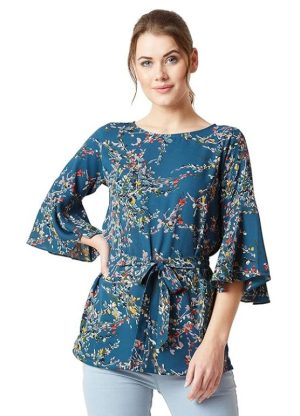 Girls's Turquoise Floral Boat Neck 34 Ruffled Sleeve Long TopEmbroidered Regular Fit Long Top