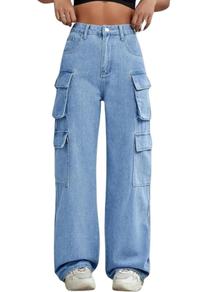 High Rise Stretchable Baggy Wide LegDenim FrontSide