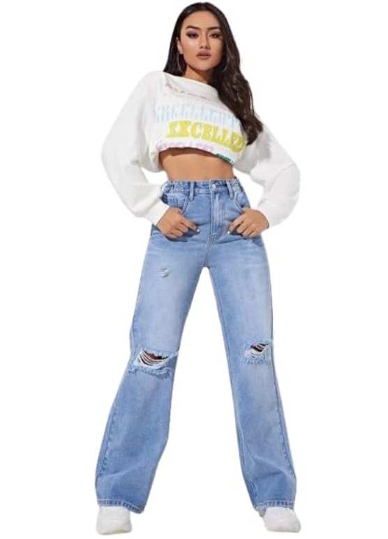 Regular Solid Mid Rise High Waist Boyfriend Style Wide Leg Jeans Front Side