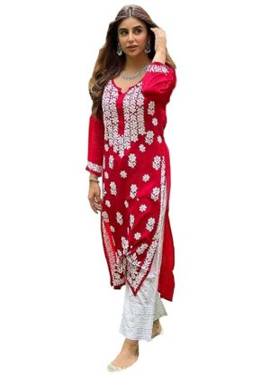 Viscose Cotton Straight Chikankari Embroidered Kurti
