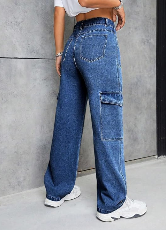 Women Cargo Flap Stretchable Dark Blue Baggy Jeans Backside