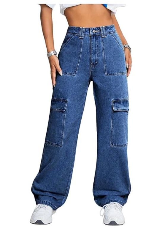 Women Cargo Flap Stretchable Dark Blue Baggy Jeans FrontSide