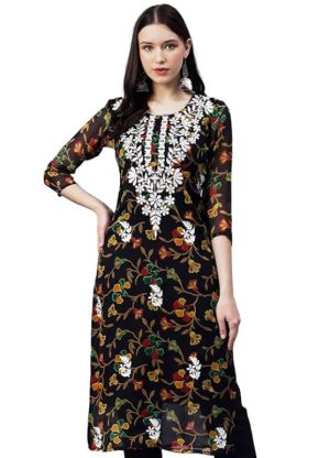 Women's Printed Georgette Chikankari Kurti Front Side