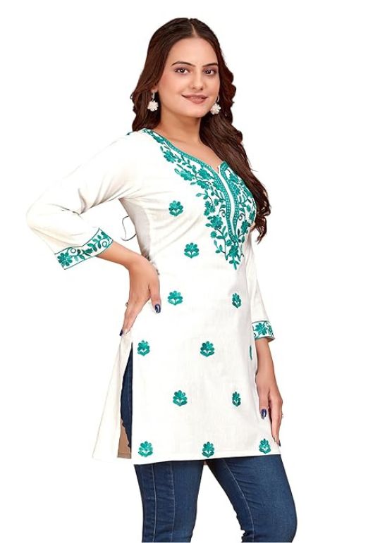 Chikankari Embroidery white short kurti for women Frontside
