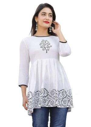 Rayon Printed white short kurti for women Front