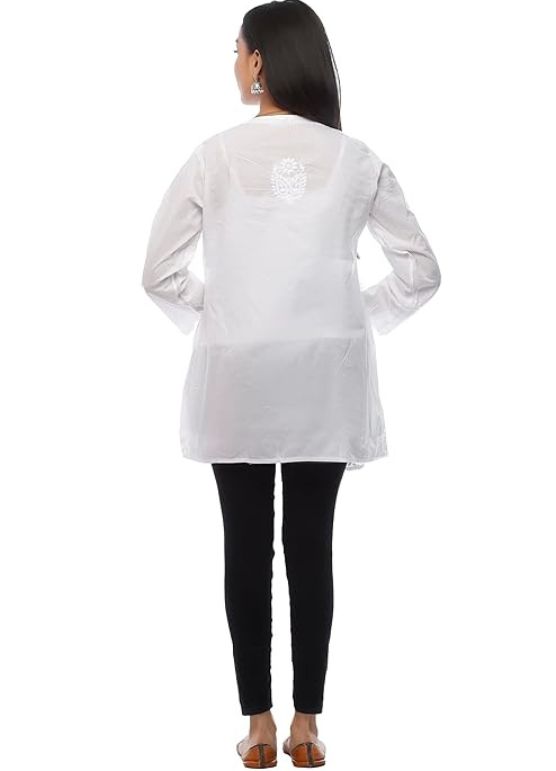 White Pure Cotton Hand Embroidered Short Kurti for Women Bacside