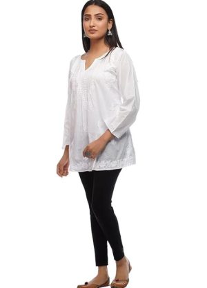White Pure Cotton Hand Embroidered white short kurti for women Front