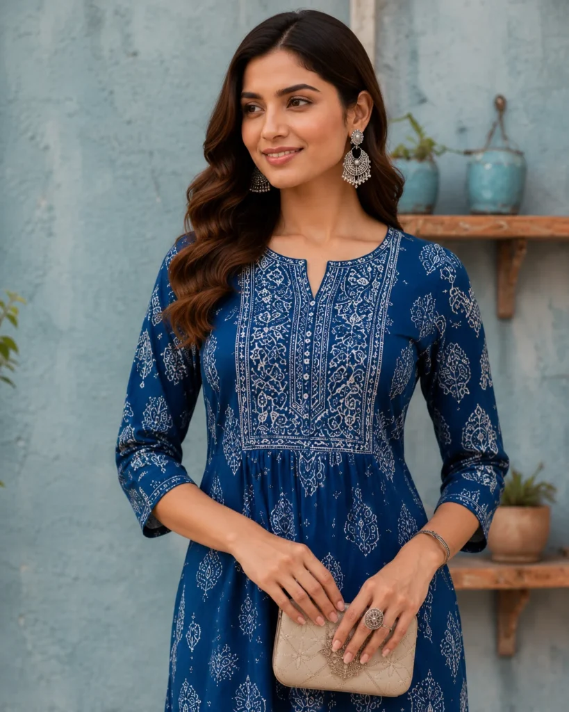 Woman wearing an elegant blue printed kurti in a premium lifestyle setting.