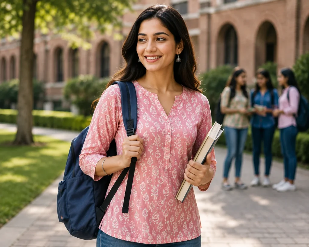 Young woman wearing a stylish pink printed kurti with jeans on a college campus.