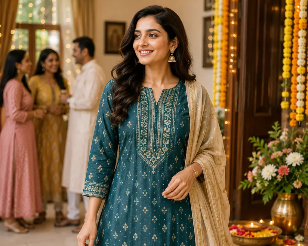 Woman wearing an elegant teal embroidered kurti at a family function in a beautifully decorated indoor setting.