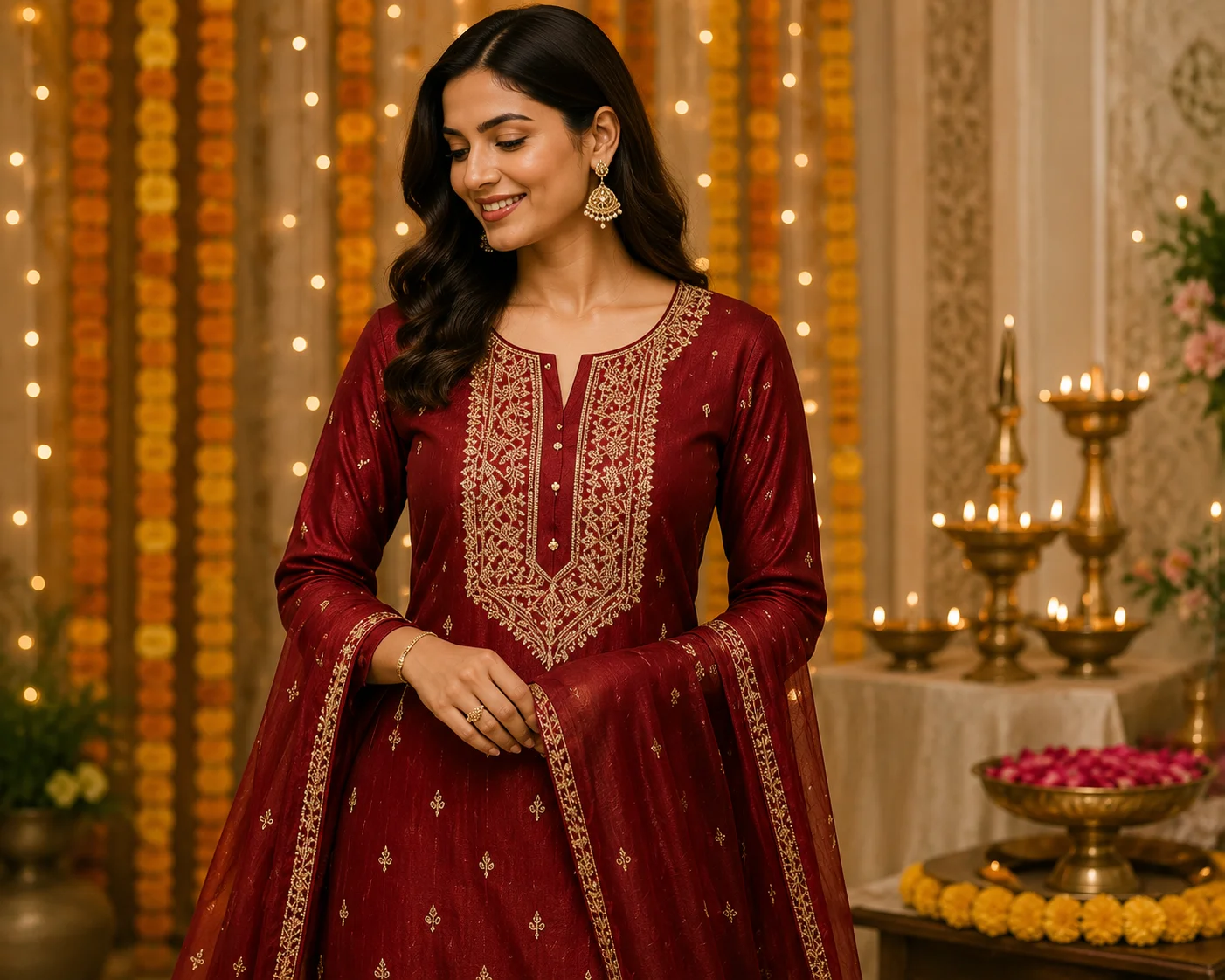 Woman wearing an elegant embroidered festive kurti in a traditional celebration setting.