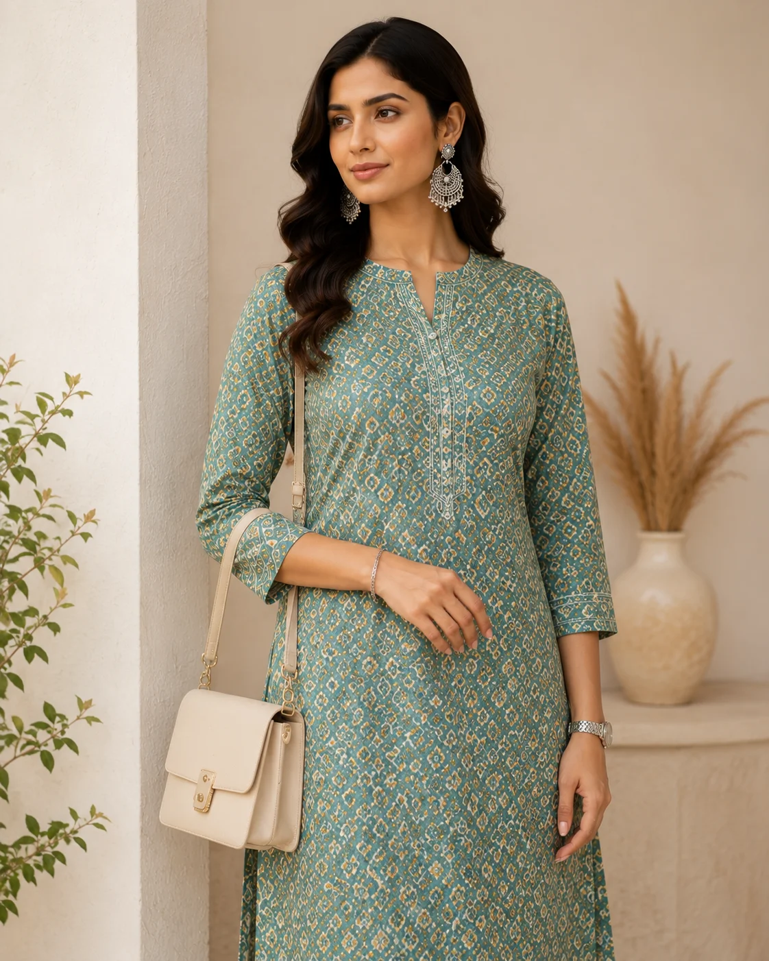 Woman wearing a formal teal printed kurti with elegant ethnic styling.