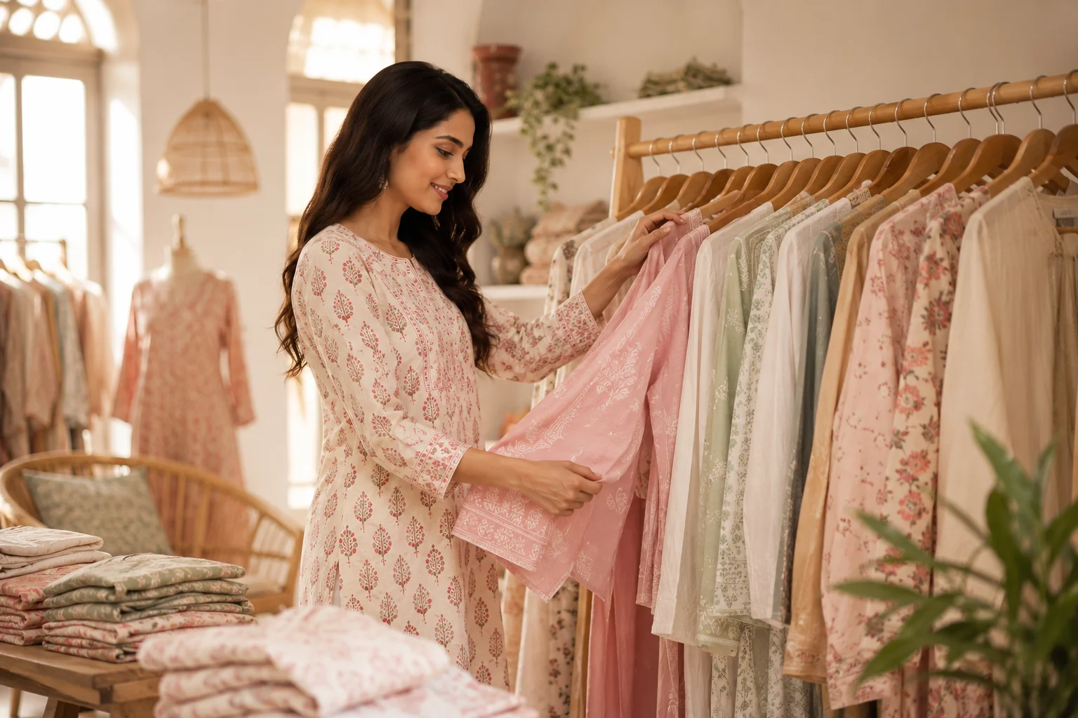 Woman exploring the latest kurti collection at the KT Kurti Tops fashion boutique.