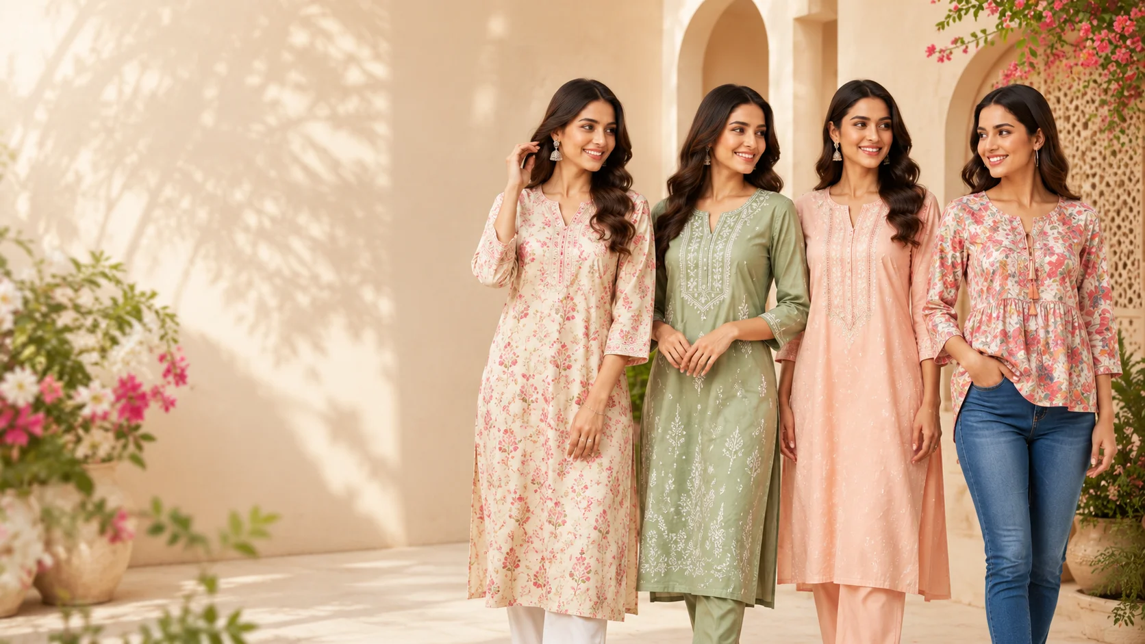 Girls and women wearing stylish kurtis, short kurtas, kurti pant sets and tops from the KT Kurti Tops collection.