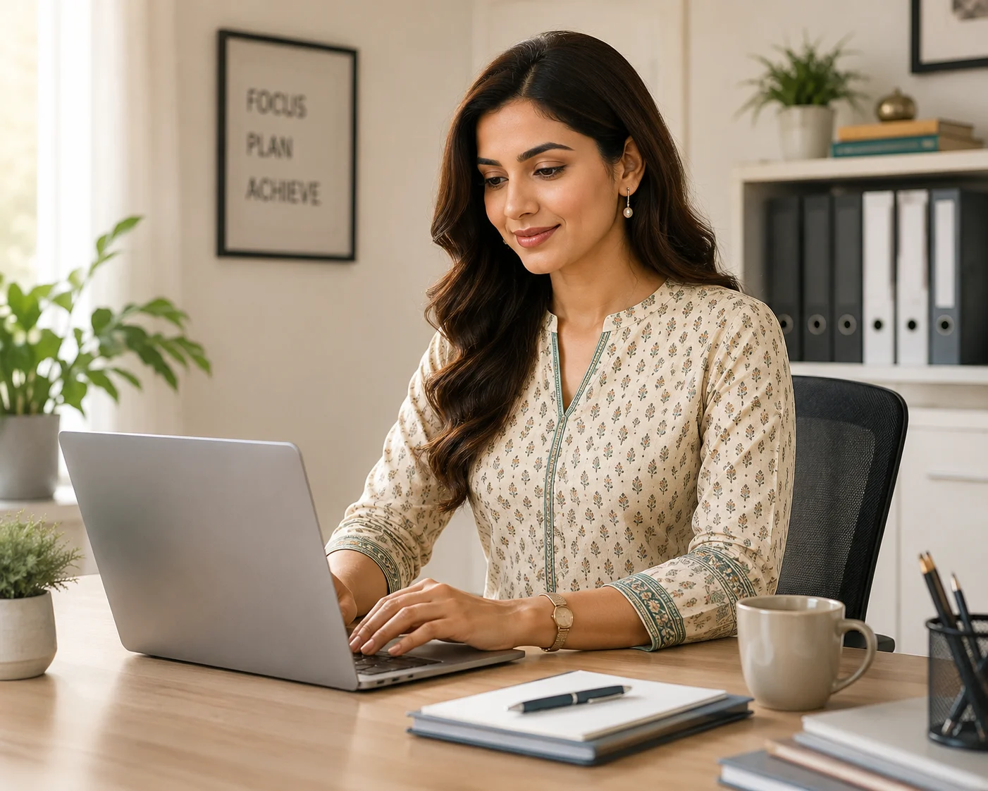 Woman wearing an elegant blue office wear kurti while working in a modern office.