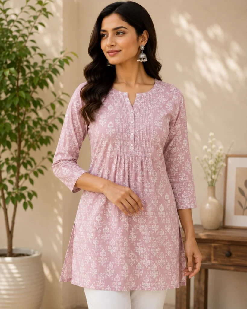 Woman wearing a pink chikankari kurti in a modern indoor setting.