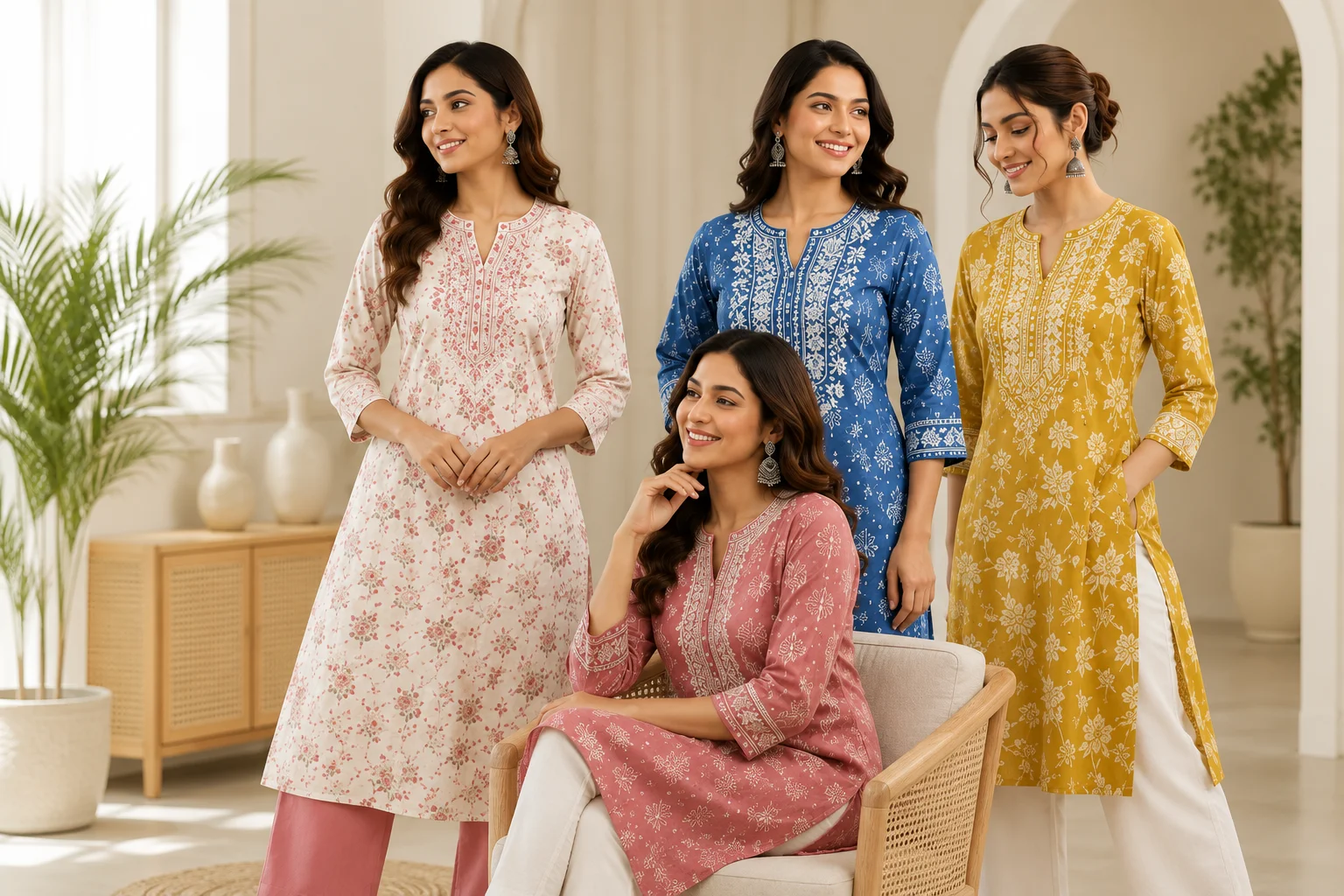 Women wearing stylish printed and embroidered kurtis in a premium indoor lifestyle setting.