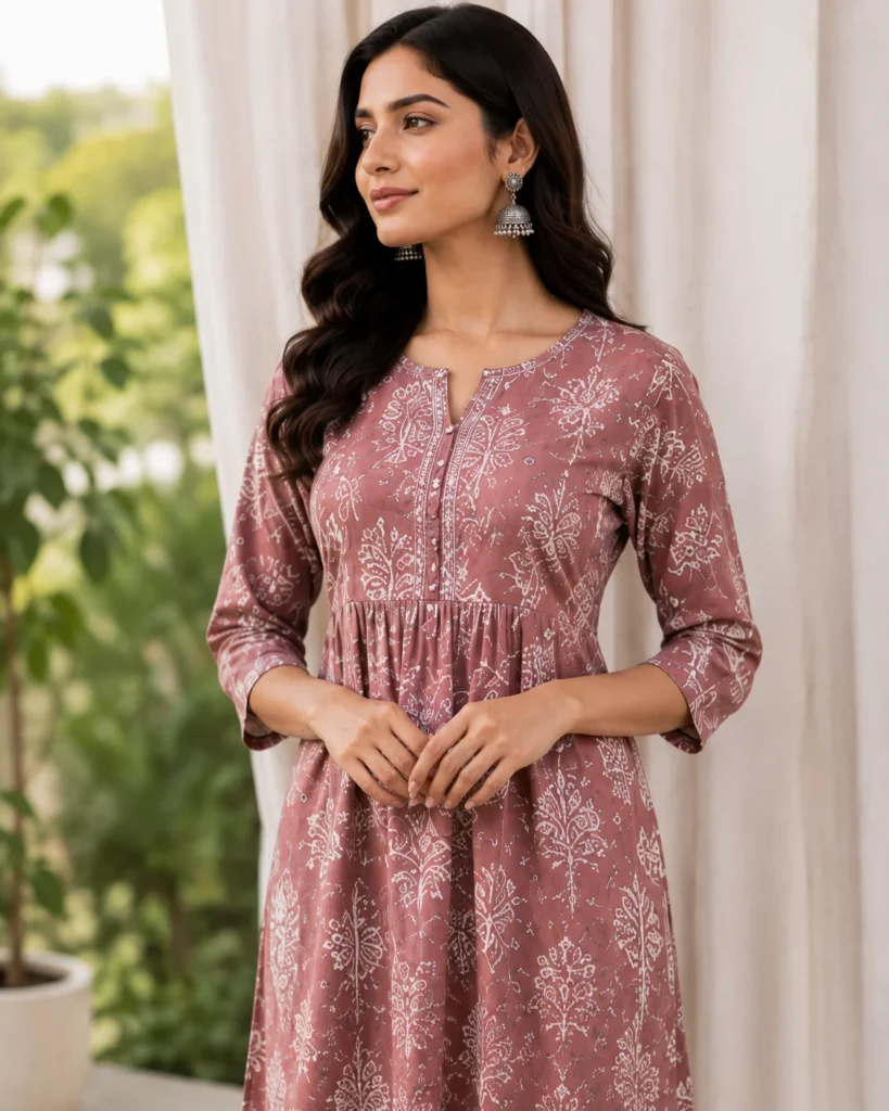 Woman wearing a stylish dusty rose rayon printed kurti with three-quarter sleeves.
