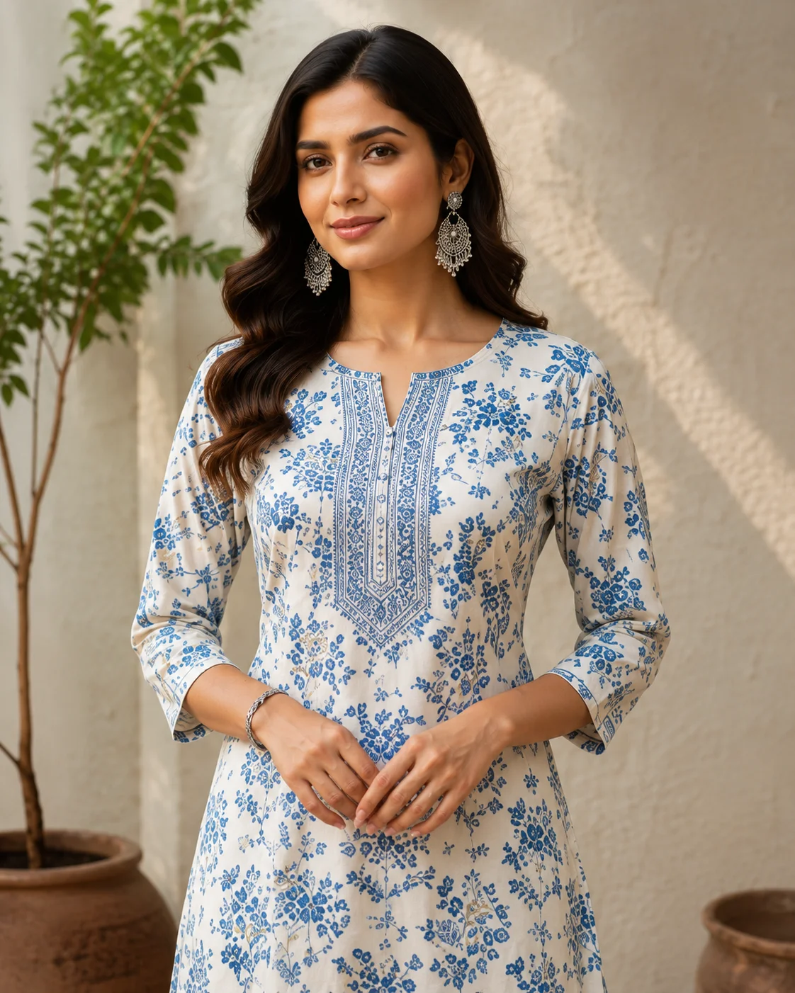 Woman wearing a stylish blue printed kurti in an elegant indoor setting