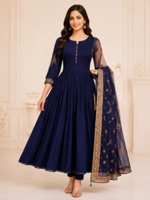Navy Blue Anarkali Kurti Set with Dupatta for Women