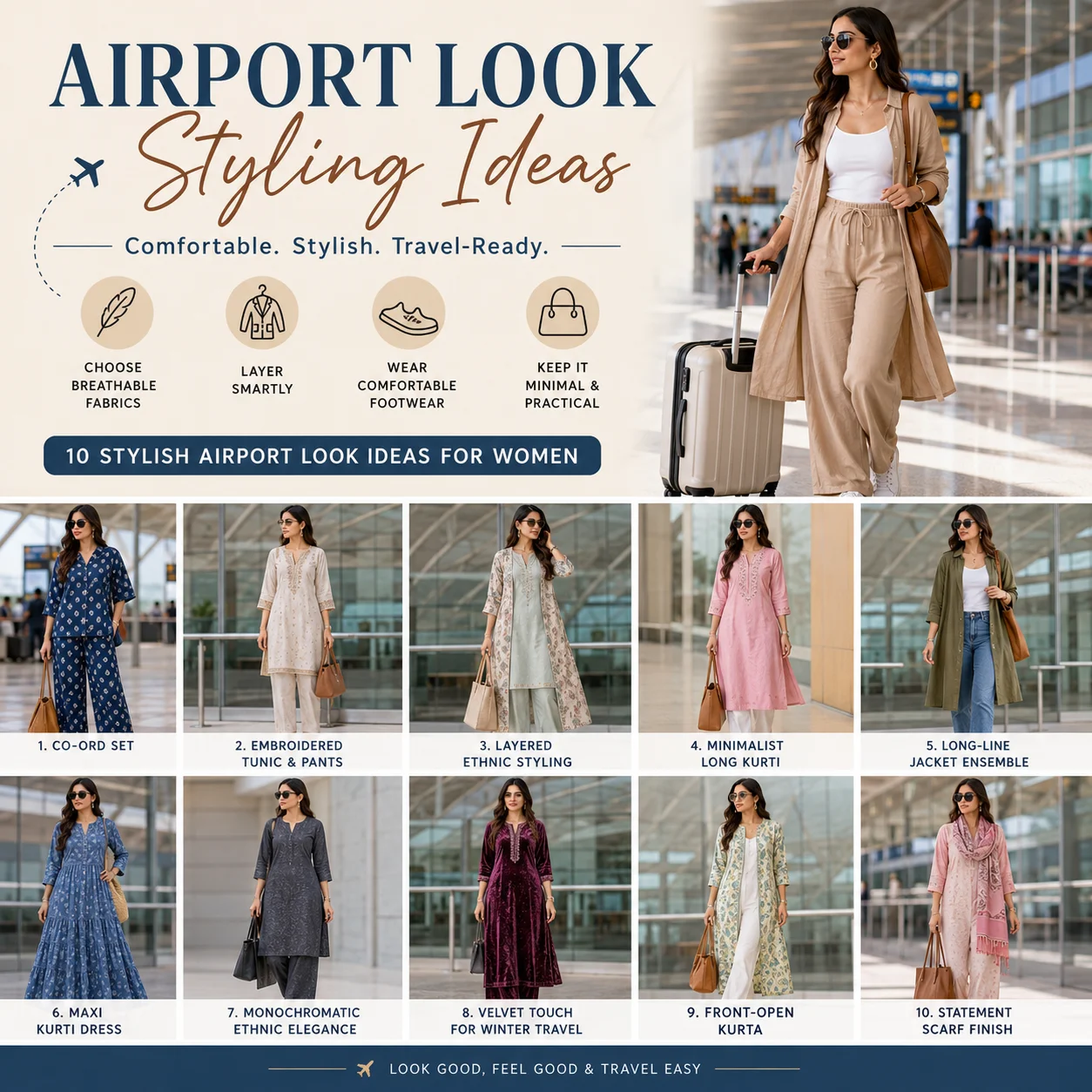 Airport look styling ideas infographic showing comfortable and stylish travel outfits for women at the airport