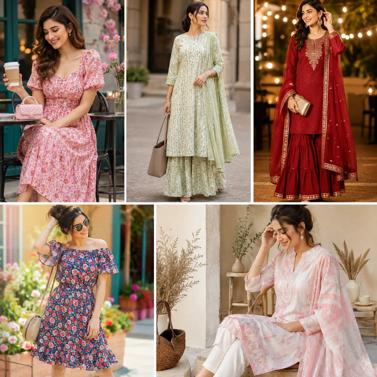 Collage of girls wearing pastel dresses, kurta sets, and stylish date outfits in casual and evening settings without text